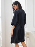 SilkSilky US Pure Silk 3/4 Sleeve Nightgown&Robe Set Black 002