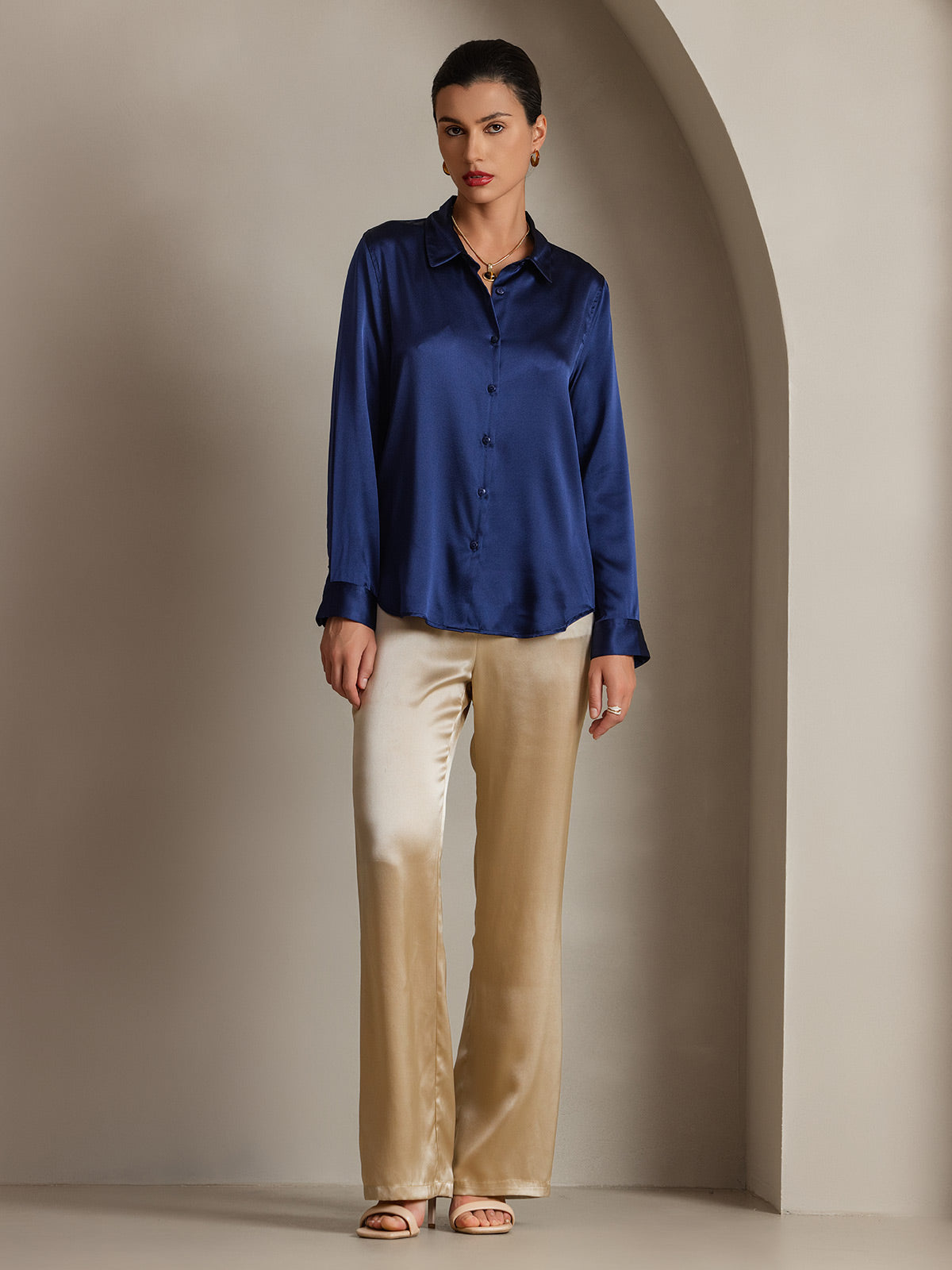 [Dark Blue] SilkSilky  Silk Lapel Collar Women's Shirt 004