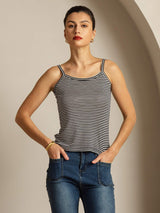[Black Stripe] SilkSilky Spaghetti Strap Square Neck Camisole Top 006