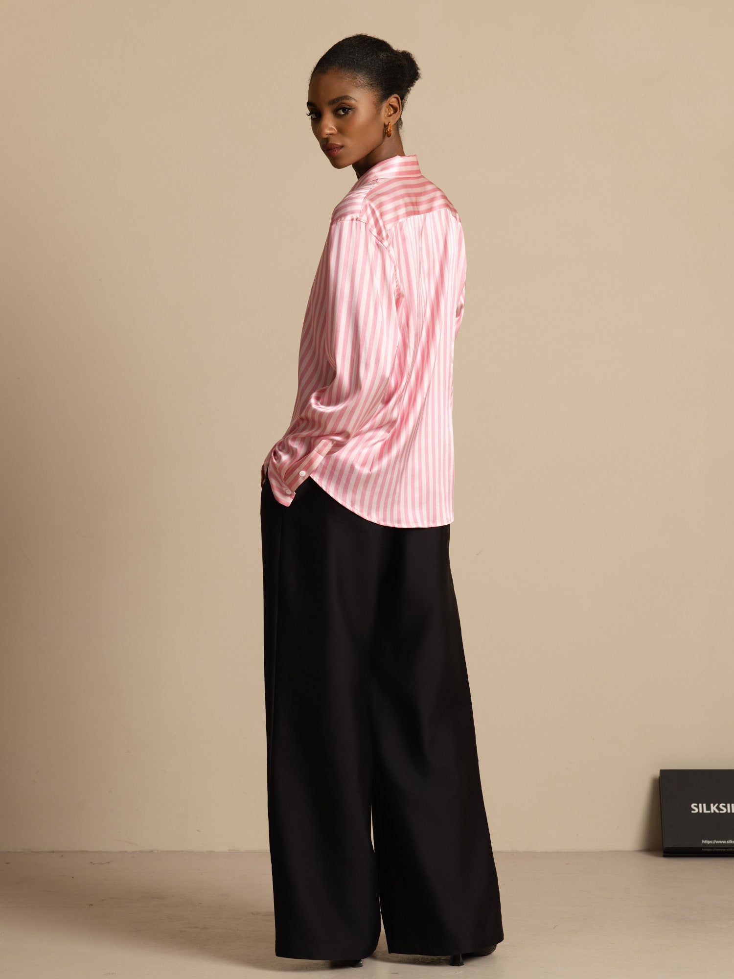 [Pink Stripe] SilkSilky  Silk Long Sleeve Lapel Collar Women's Shirt 005