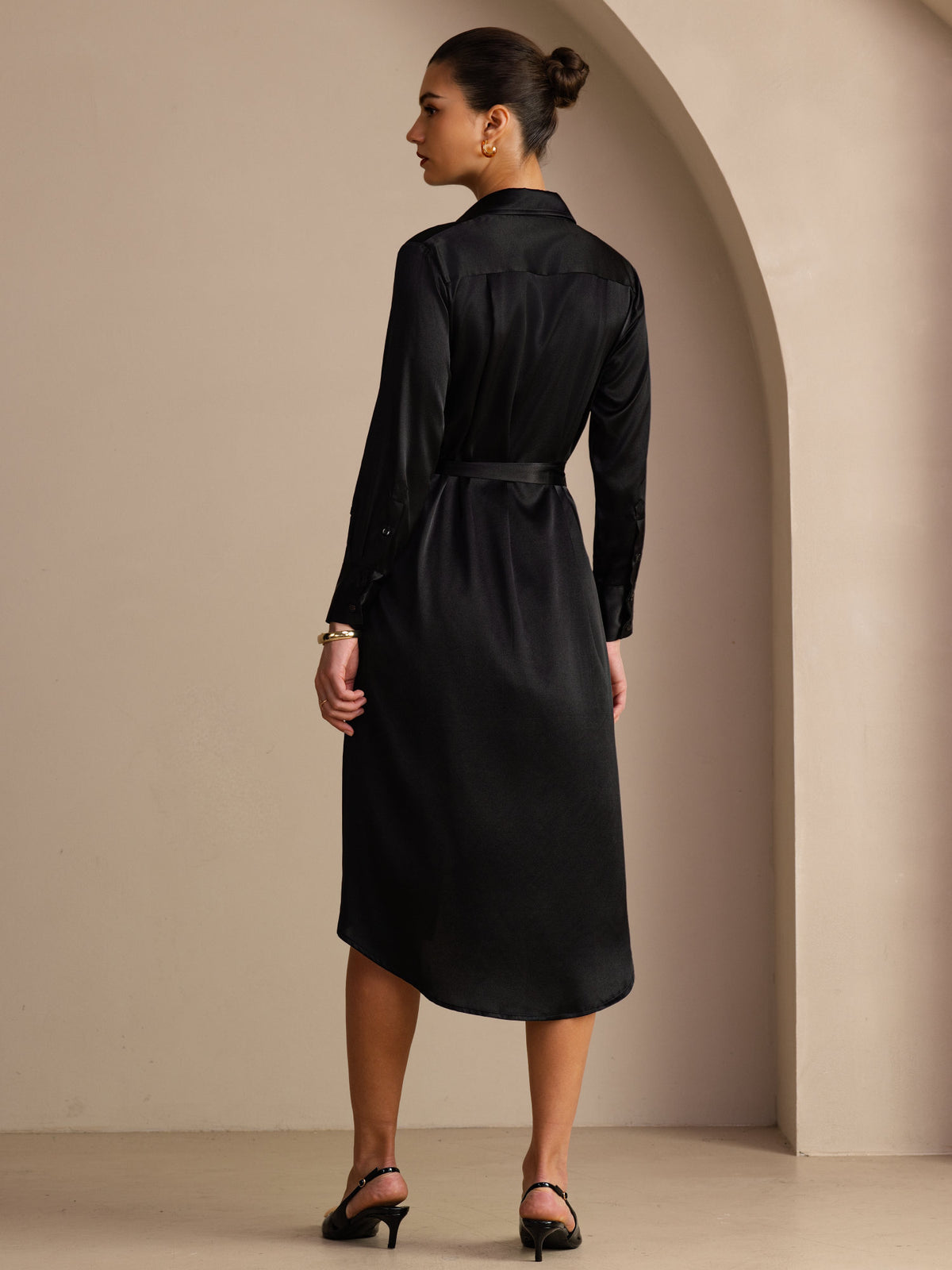 [Black] SilkSilky Long Sleeve Lapel Collar Dress 002