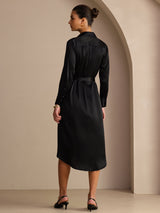 [Black] SilkSilky Long Sleeve Lapel Collar Dress 002
