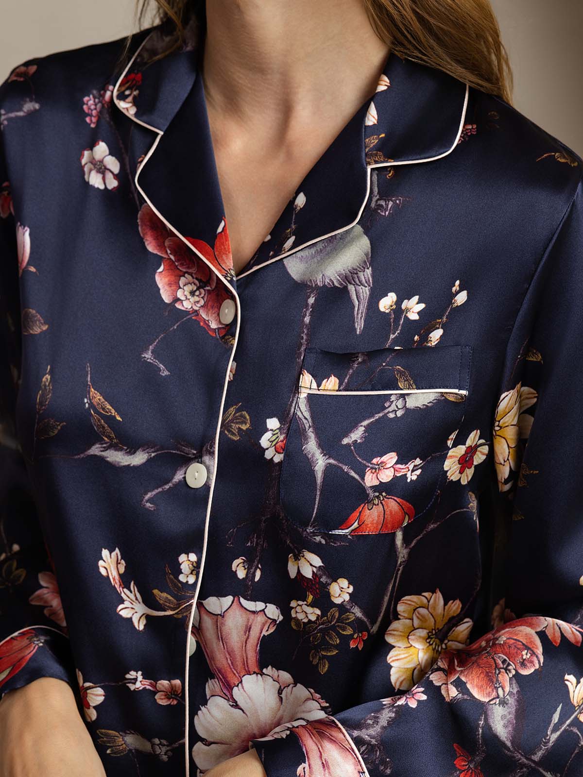 [Navy Floral] SilkSilky  Pure Silk Womens Pajamas 005