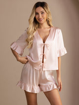 [Pink] SilkSilky Short Sleeve V Neck Women's Pajamas 001
