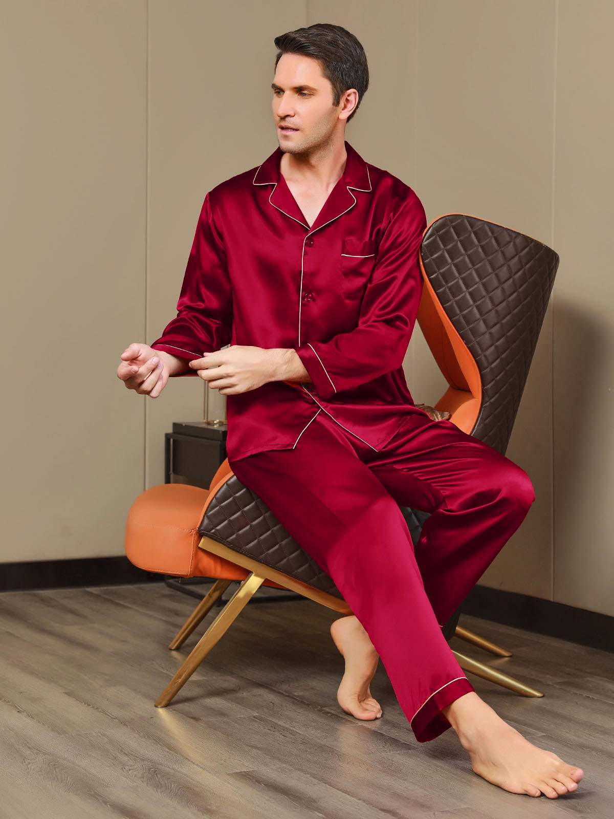 SilkSilky US Pure Silk Long Sleeve Lapel Men's Pajamas Wine 007