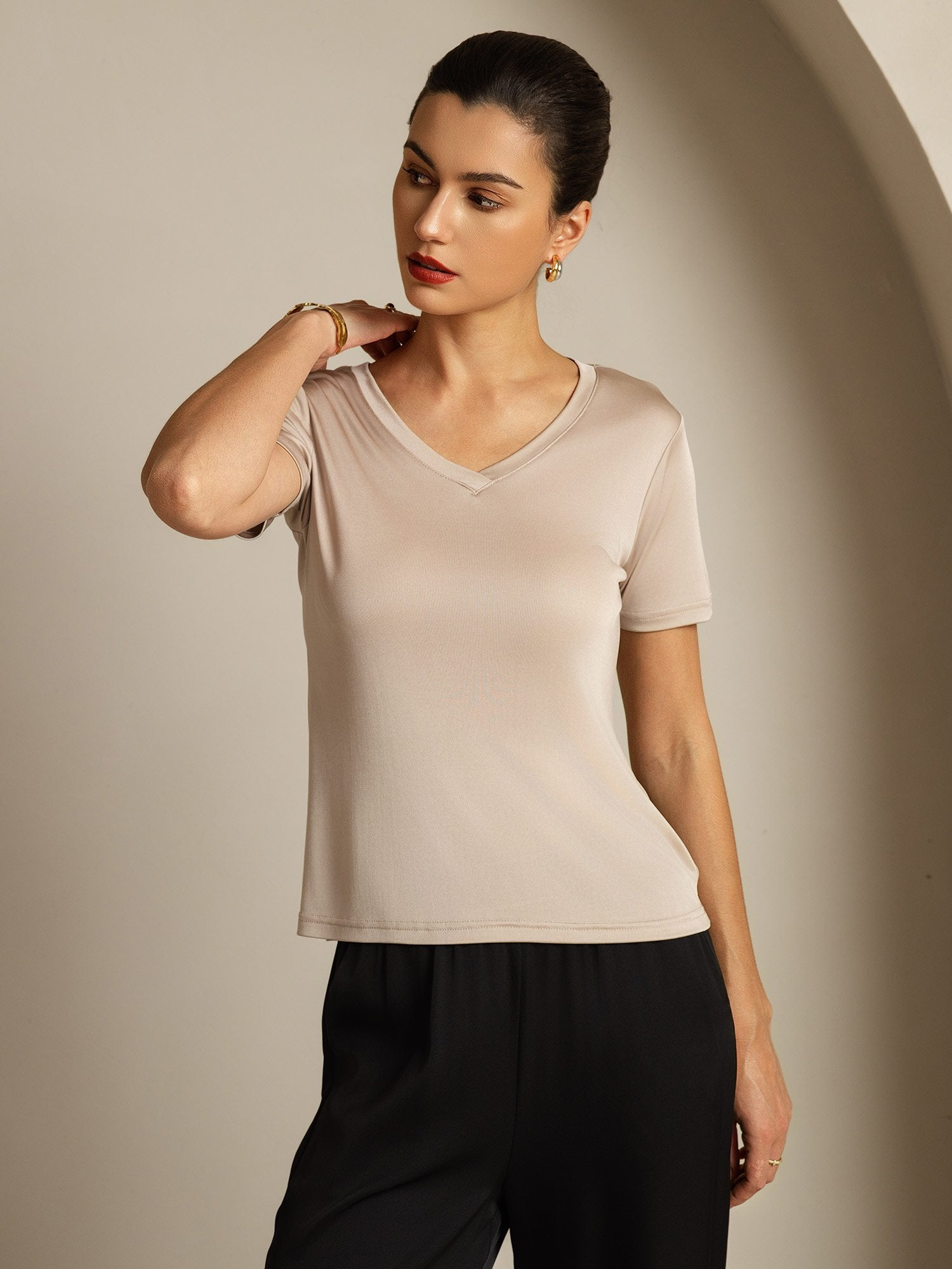 [LightKhaki] SilkSilky Pure Silk V Neck Women's T-Shirt 005