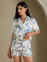 [White Giraffe] SilkSilky Short Sleeve Notch Collar Women's Pajamas 001