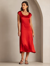 [Wine] SilkSilky  19Momme Stretch Silk Charmeuse Cap Sleeve Scoop Neck Dress 005