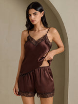 [Brown] SilkSilky  Spaghetti Strap V Neck Camisole Set 006