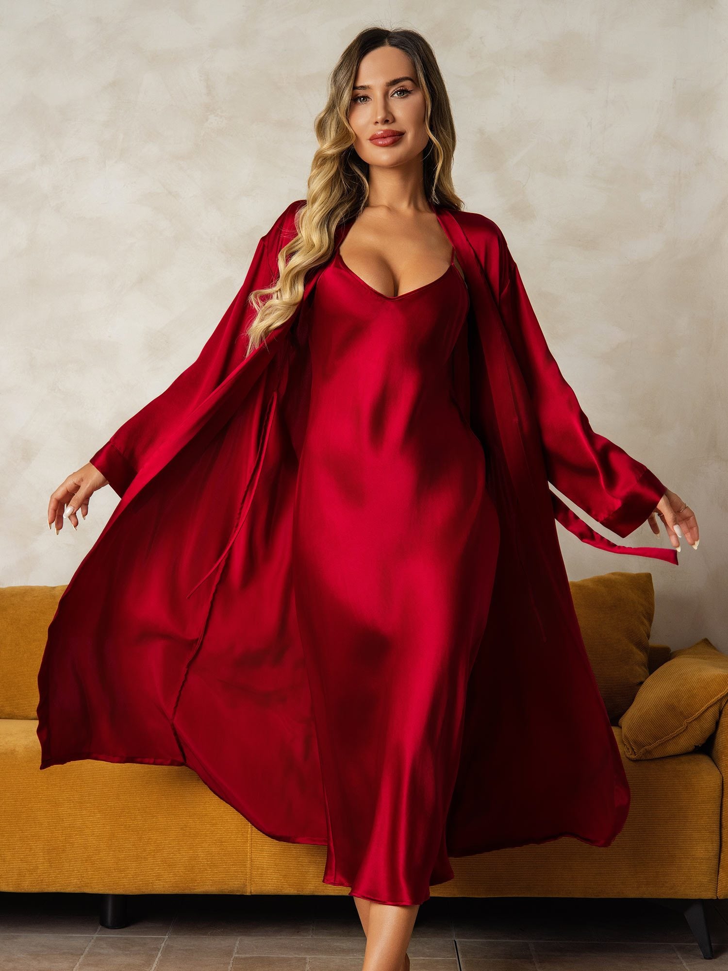 [Wine] SilkSilky Pure Silk Wrap Nightgown&Robe Set 004