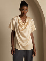 [Champagne] SilkSilky  Short Sleeve Cowl Neck Blouse 001