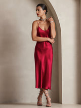 [Wine] SilkSilky  Pure Silk Spaghetti Strap V Neck Dress 006