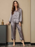 SilkSilky  Pure Silk Long Sleeve Lapel Women's Pajamas Gray 005