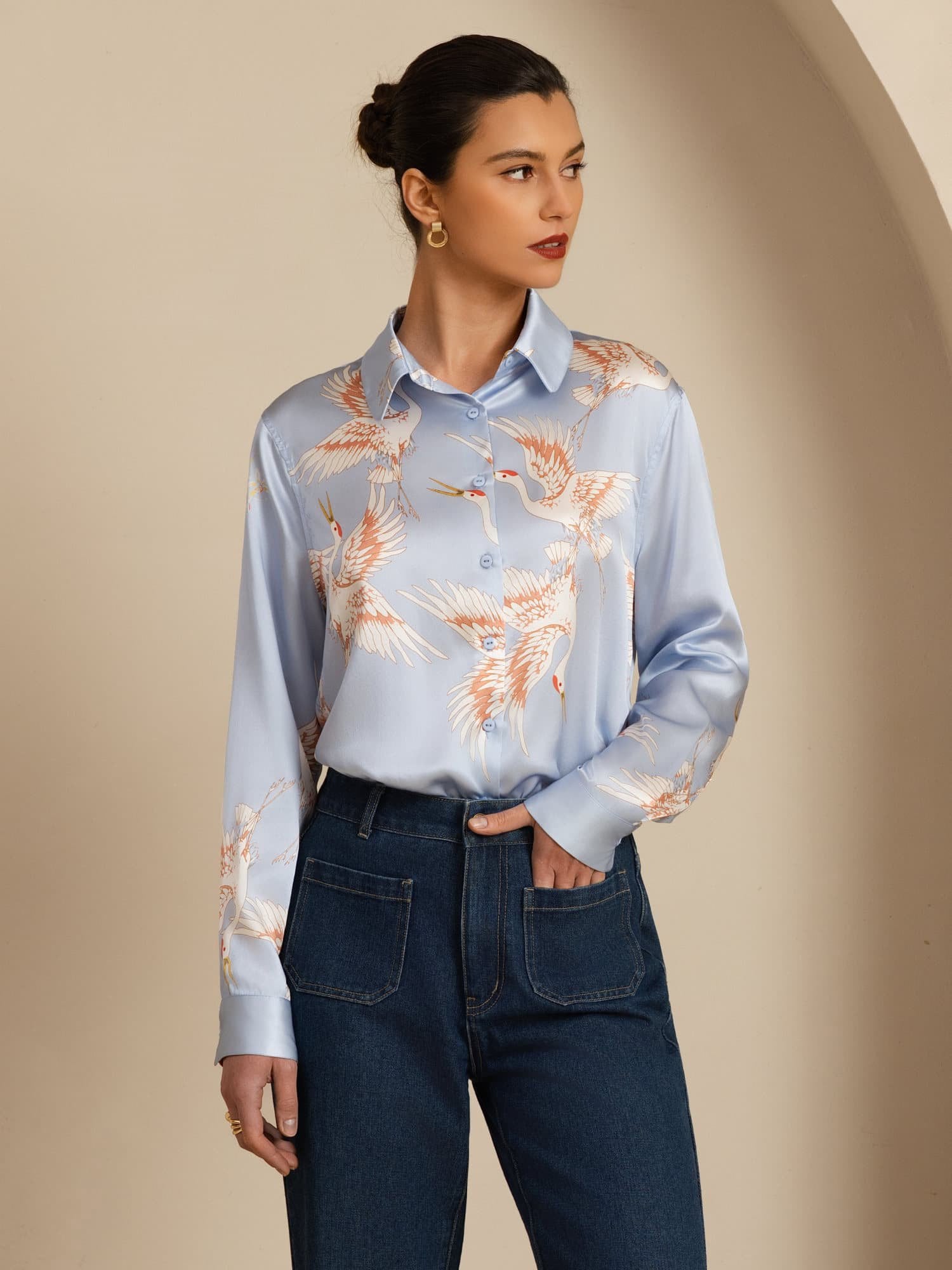 [Light Blue] SilkSilky  19Momme Long Sleeve Lapel Collar Women's Shirt 003