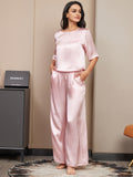 SilkSilky US Pure Silk Half Sleeve Round Neck Women's Pajamas Pink 005