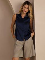 [Dark Blue] SilkSilky  Sleeveless Lapel Collar Women's Shirt 006