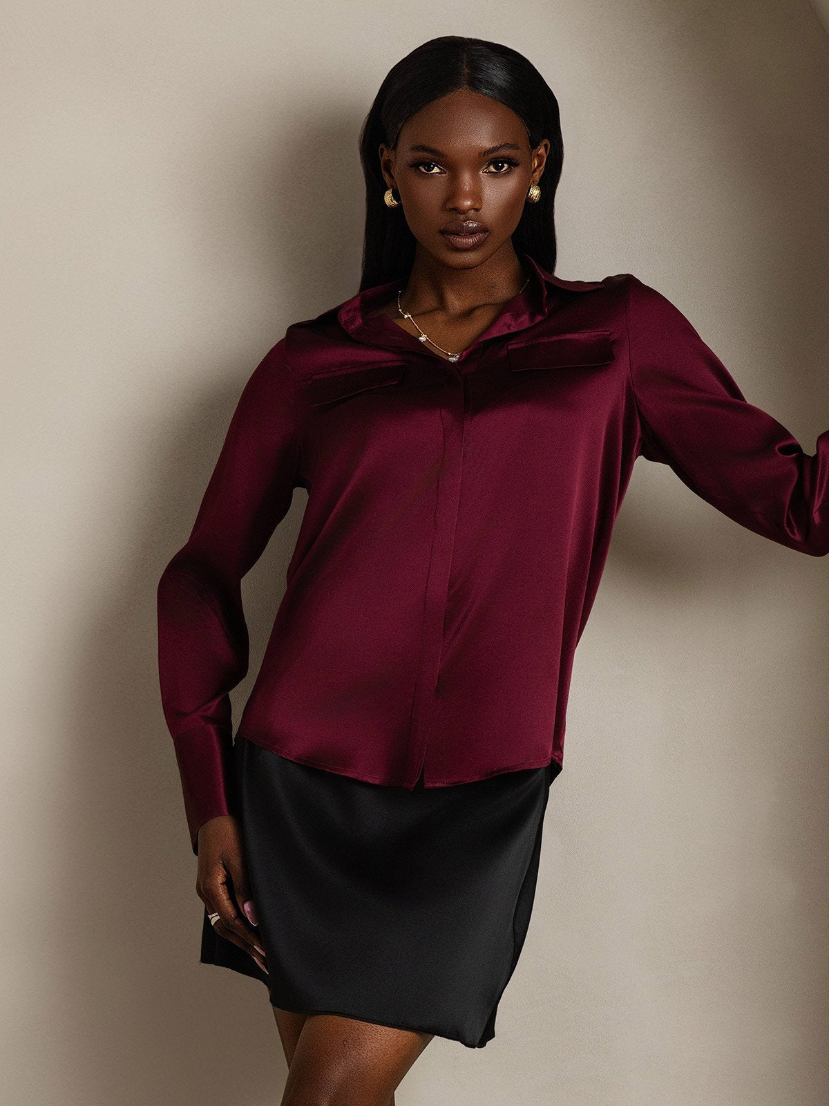 SilkSilky 19Momme Silk Long Sleeve Collar Women's Shirt DarkRed 003