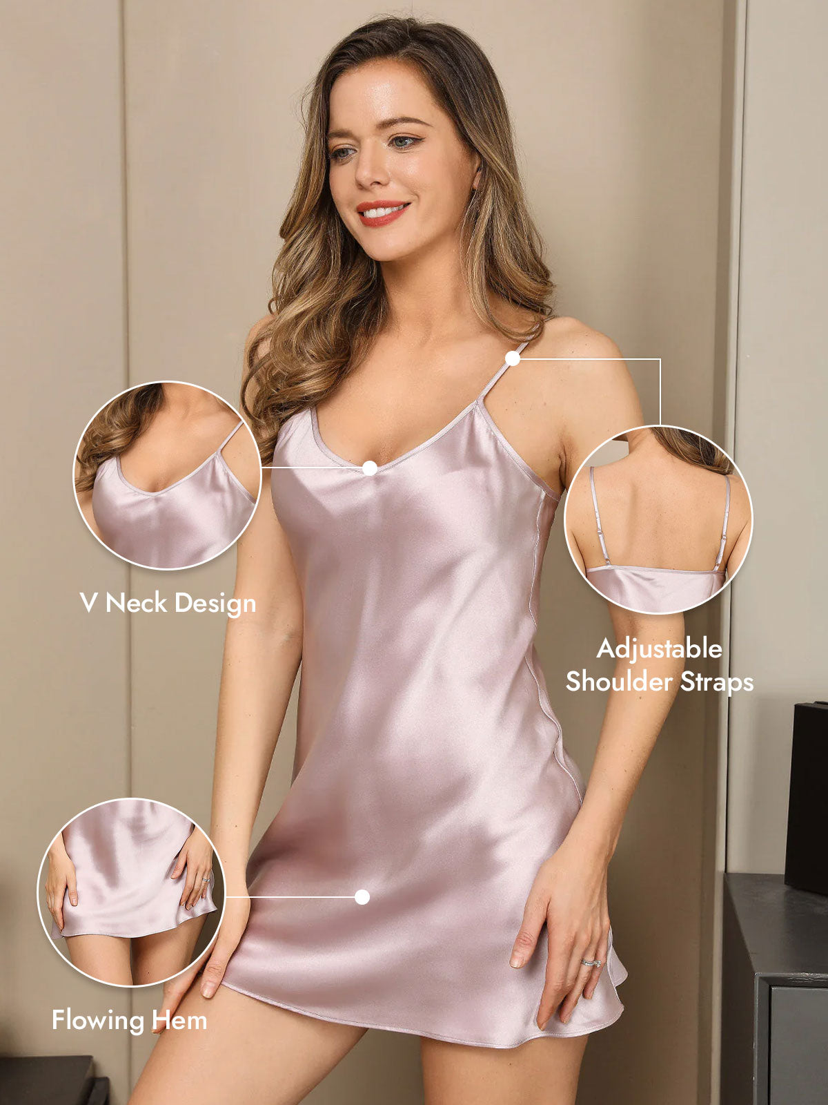 [Lavender] SilkSilky  Pure Silk V Neck Nightgown 005