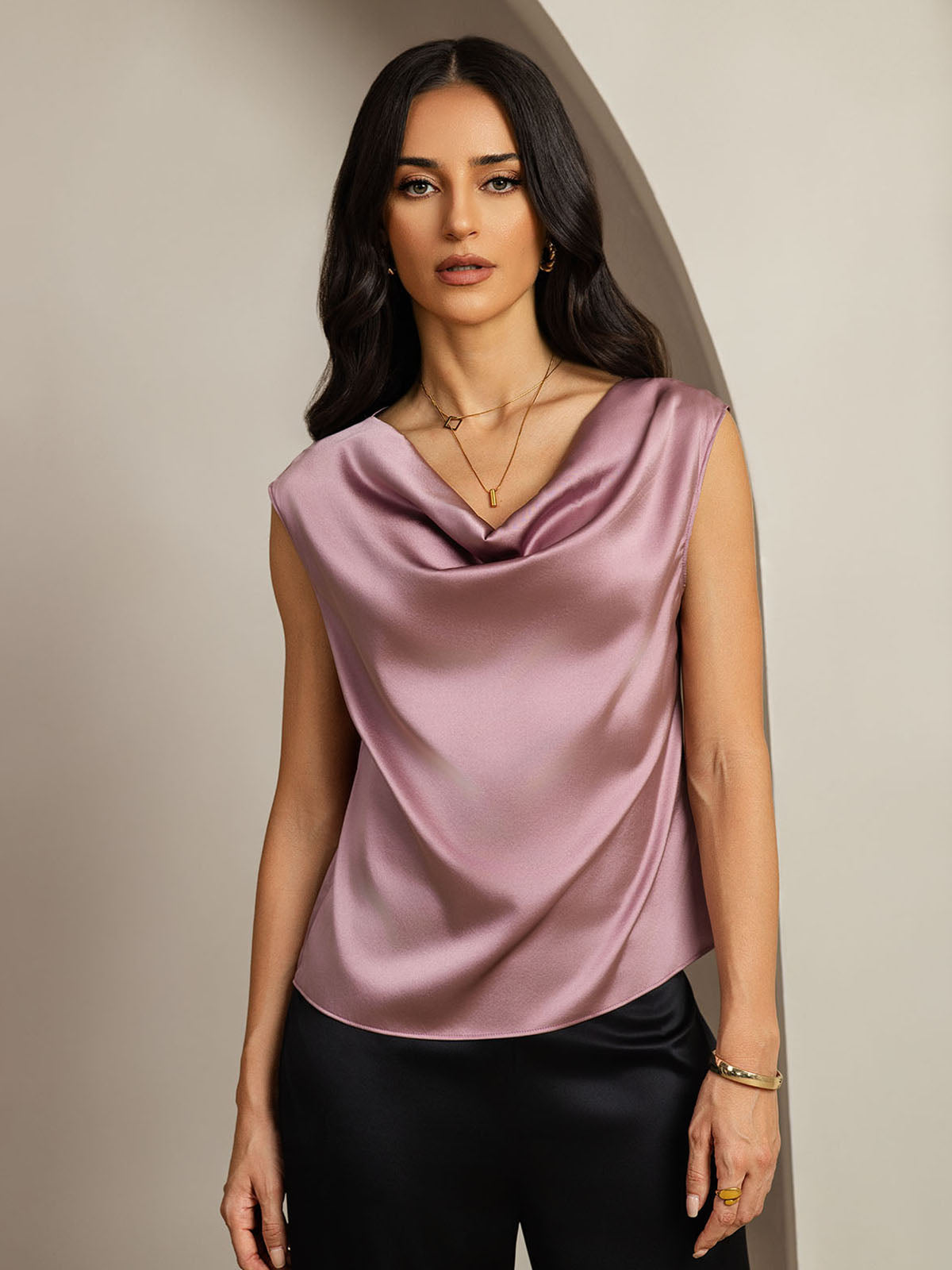 [Pale Mauve] SilkSilky  19Momme Silk Cowl Neck Women's T-Shirt 001