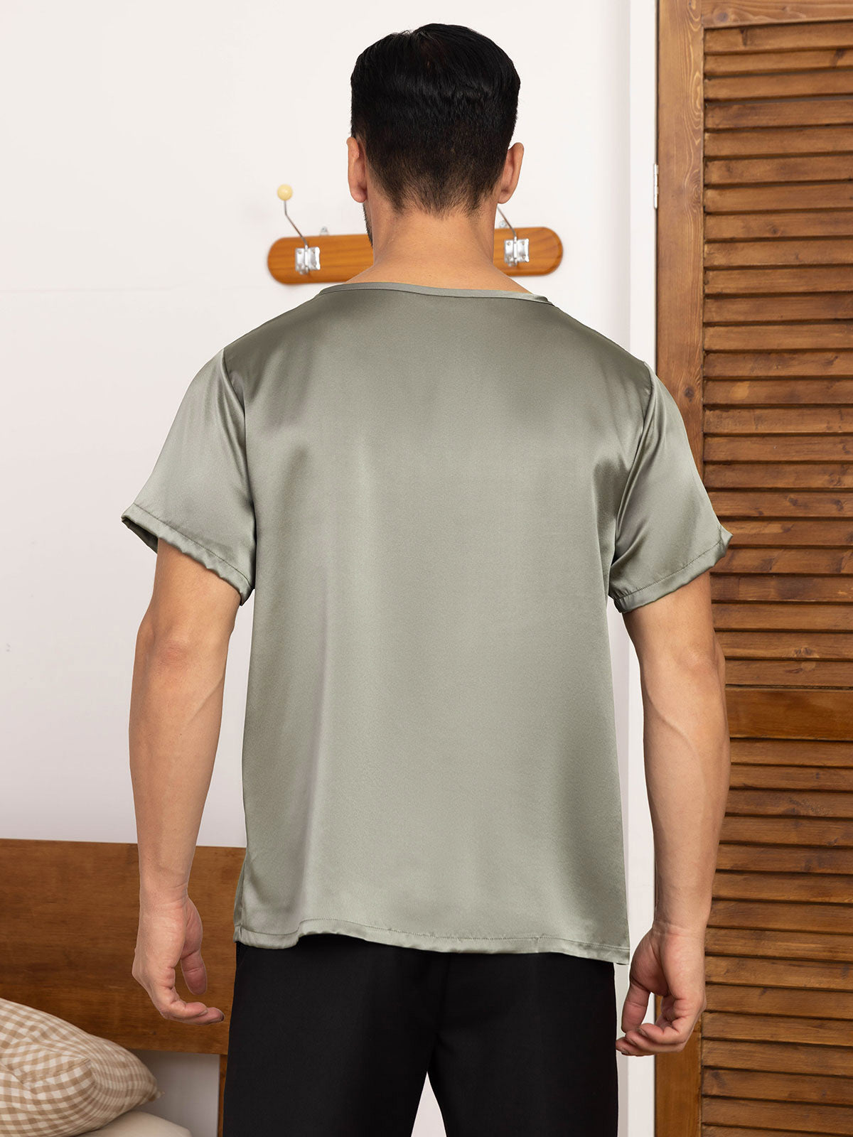 SilkSilky  Pure Silk Short Sleeve V Neck Men's T-Shirt GrayishGreen 002
