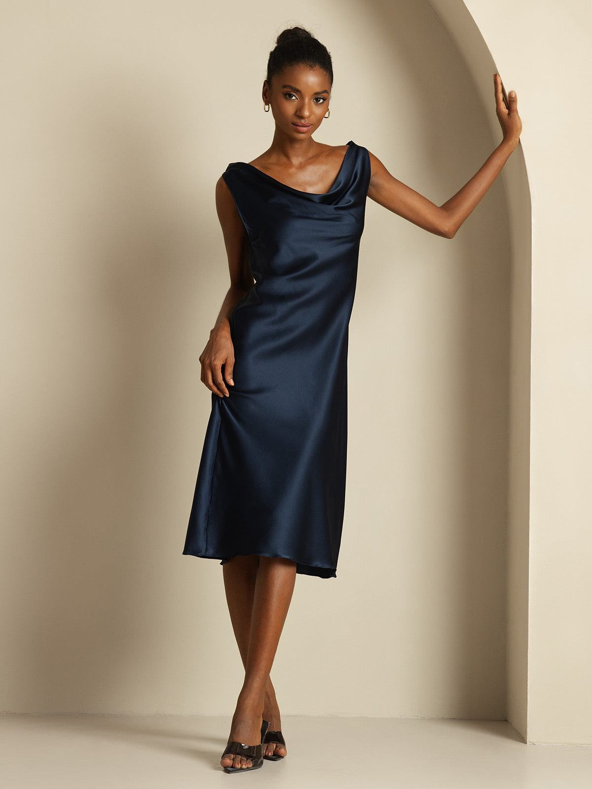 SilkSilky 19Momme Silk Sleeveless Cowl Neck Knee Elegant Dress, Black / M(8/10)