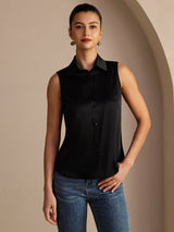 [Black] SilkSilky  Sleeveless Lapel Collar Women's Shirt 001