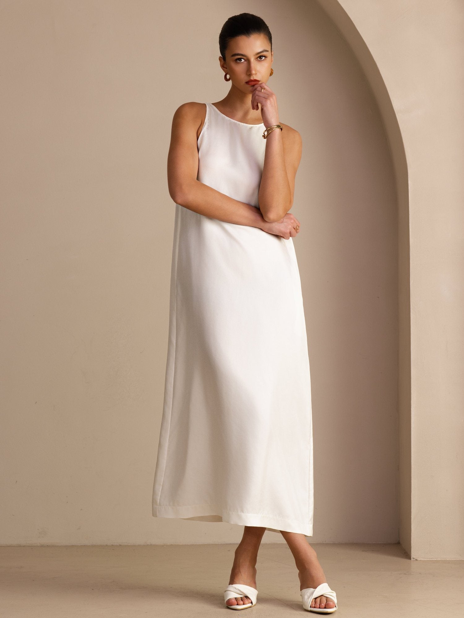 SilkSilky 100% Mulberry Silk Crew Neck Sleeveless Self-Tie Midi Dress, White / L(12)