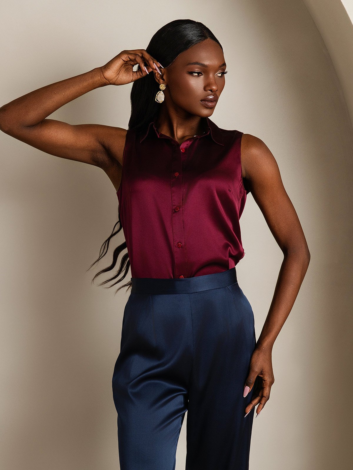 SilkSilky 19Momme Silk Sleeveless Collar Women's Shirt DarkRed 004