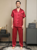 SilkSilky US 19Momme Pure Silk Short Sleeve Lapel Men's Pajamas Red 003