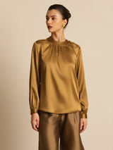 [Bronze] SilkSilky  19Momme Stretch Silk Charmeuse Long Sleeve Round Neck Blouse 004