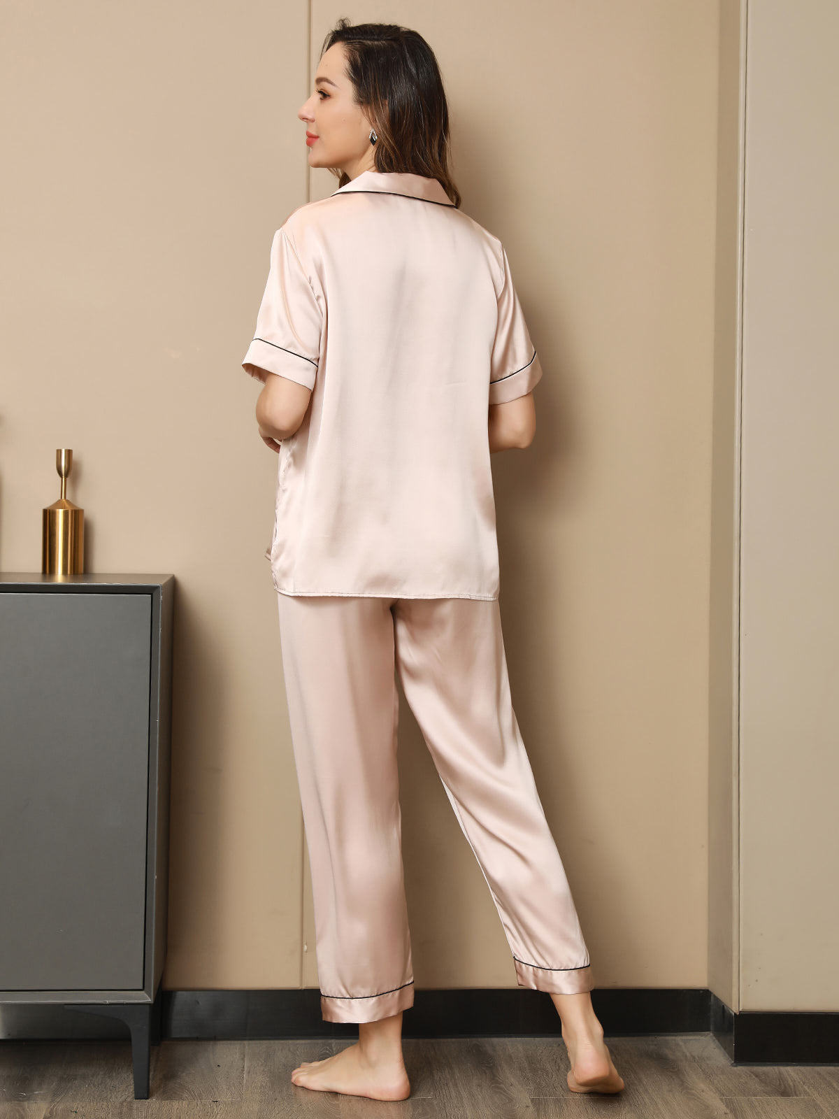 SilkSilky US Pure Silk Short Sleeve Lapel Women's Pajamas Pink 009