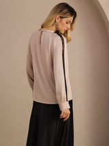[Tan] SilkSilky Long Sleeve Keyhole Neck Women's Blouse 002