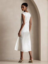 [White] SilkSilky  19Momme Stretch Silk Charmeuse Cap Sleeve Scoop Neck Dress 002