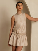 [Tan] SilkSilky  Sleeveless Stand Collar Dress 003