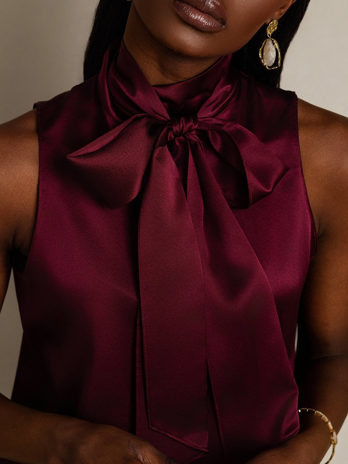 SilkSilky 19Momme Silk Tie Neck Women's Shirt DarkRed 007