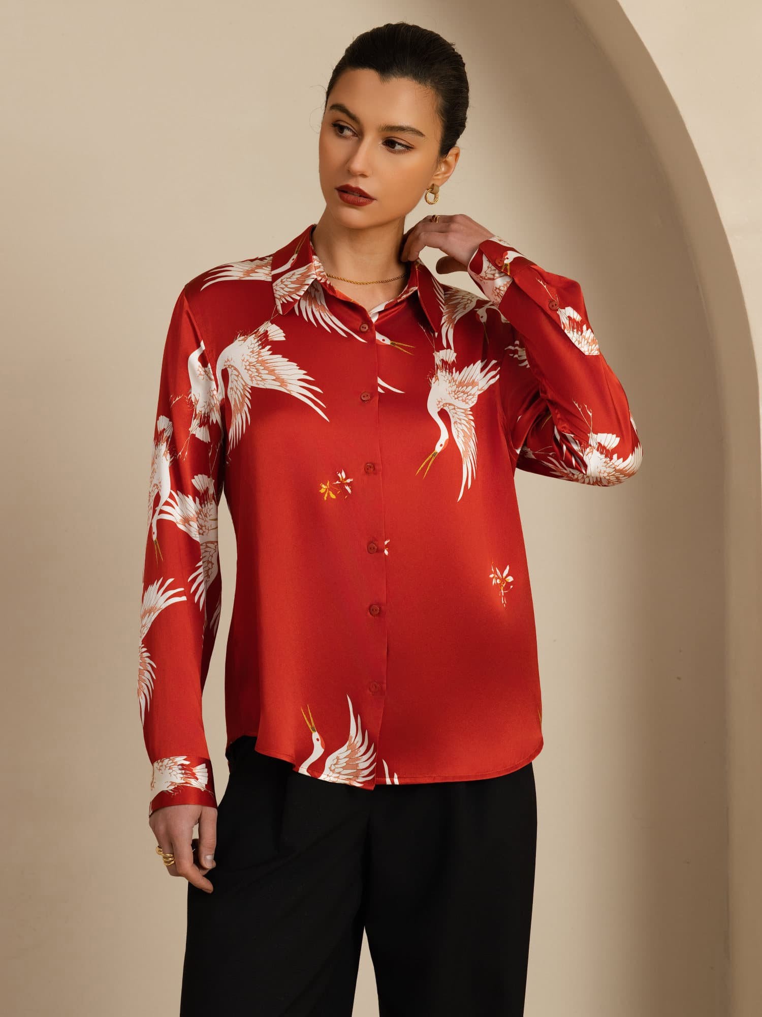 [Wine] SilkSilky  19Momme Long Sleeve Lapel Collar Women's Shirt 001