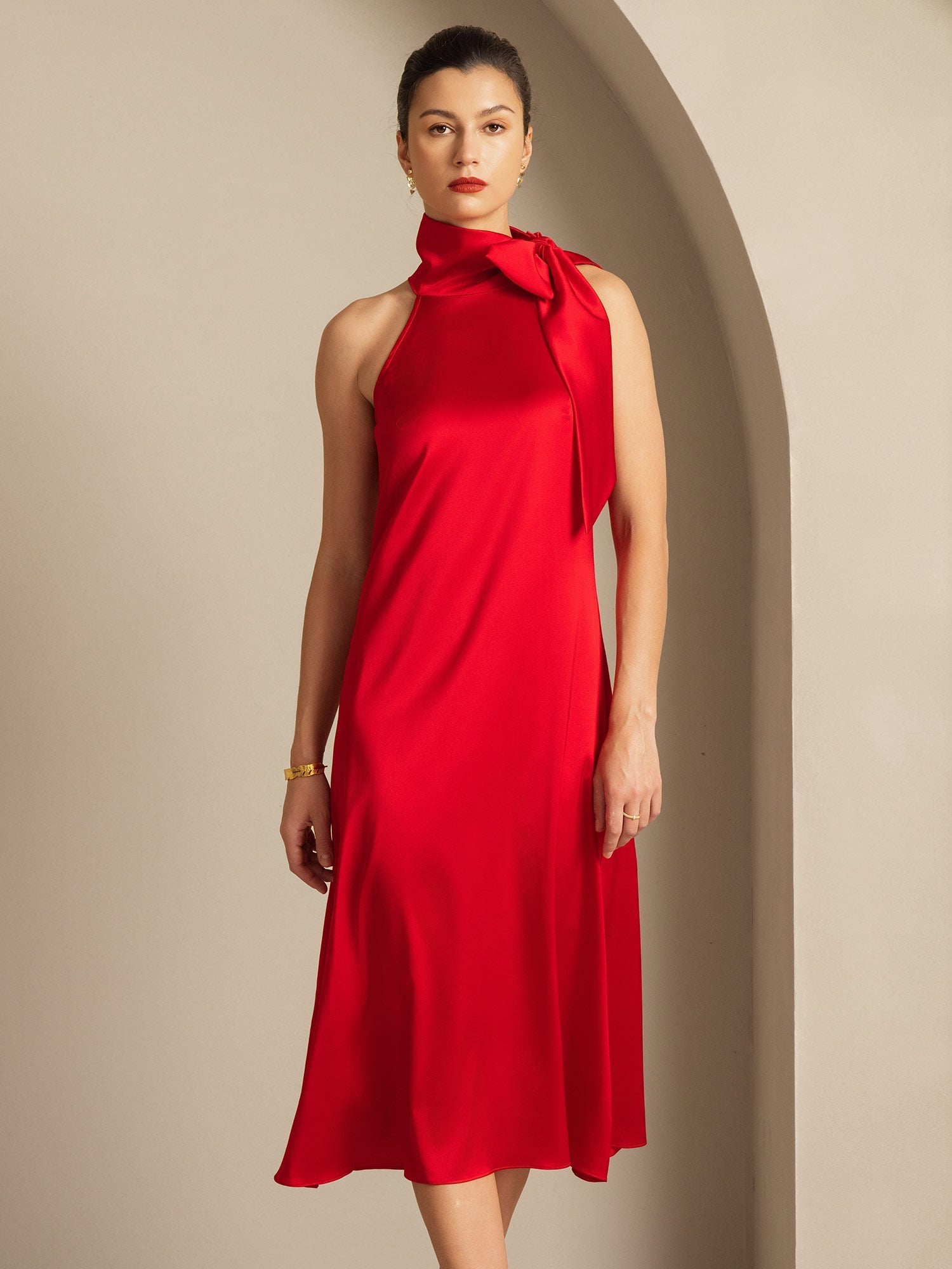 [Red] SilkSilky  19Momme Silk Tie Neck Dress 007,