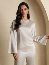 [Light Gray] SilkSilky  19Momme Stretch Silk Charmeuse Long Sleeve Boat Neck Blouse 001