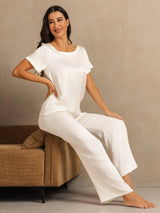 [White] SilkSilky  19Momme Machine-Washable Silk Short Sleeve Women's Pajamas 007