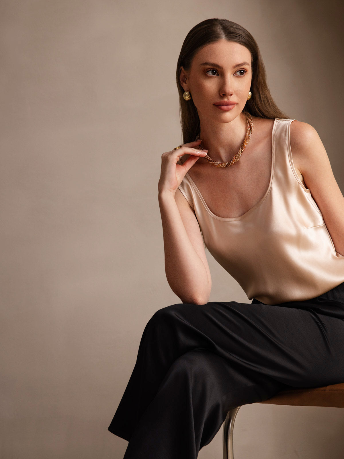 [Champagne] SilkSilky  Pure Silk Wrap Camisole Top 004