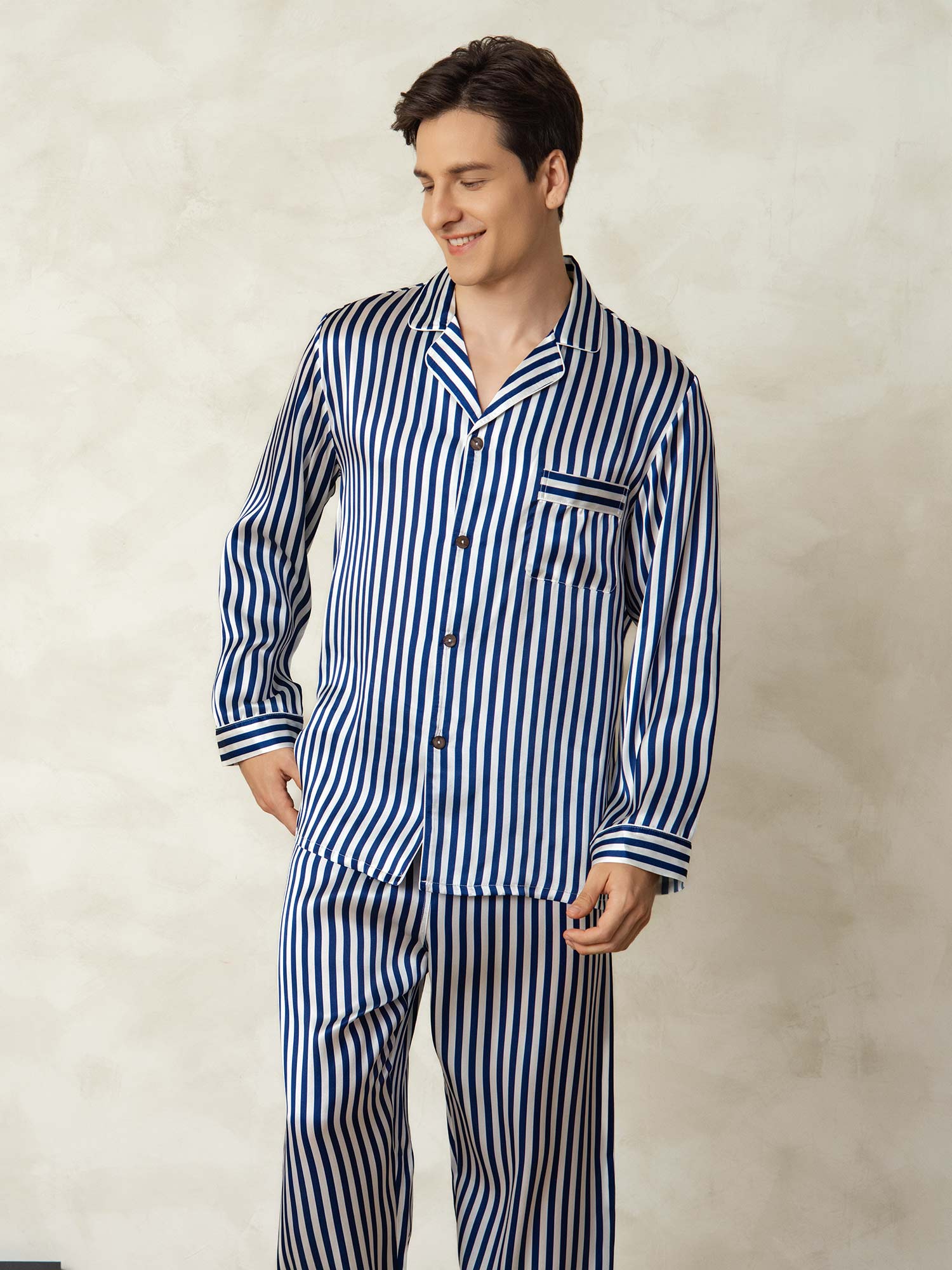 [Navy Stripe] SilkSilky  19Momme Pure Silk Mens Pajamas 005