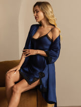 [Dark Blue] SilkSilky  Half Sleeve V Neck Nightgown&Robe Set 007
