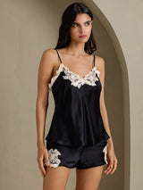 [Black] SilkSilky  Spaghetti Strap V Neck Camisole Set 001