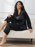 SilkSilky  Pure Silk Long Sleeve Lapel Women's Pajamas Black 001