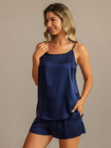 [Dark Blue] SilkSilky  Spaghetti Strap Scoop Neck Camisole Set 007