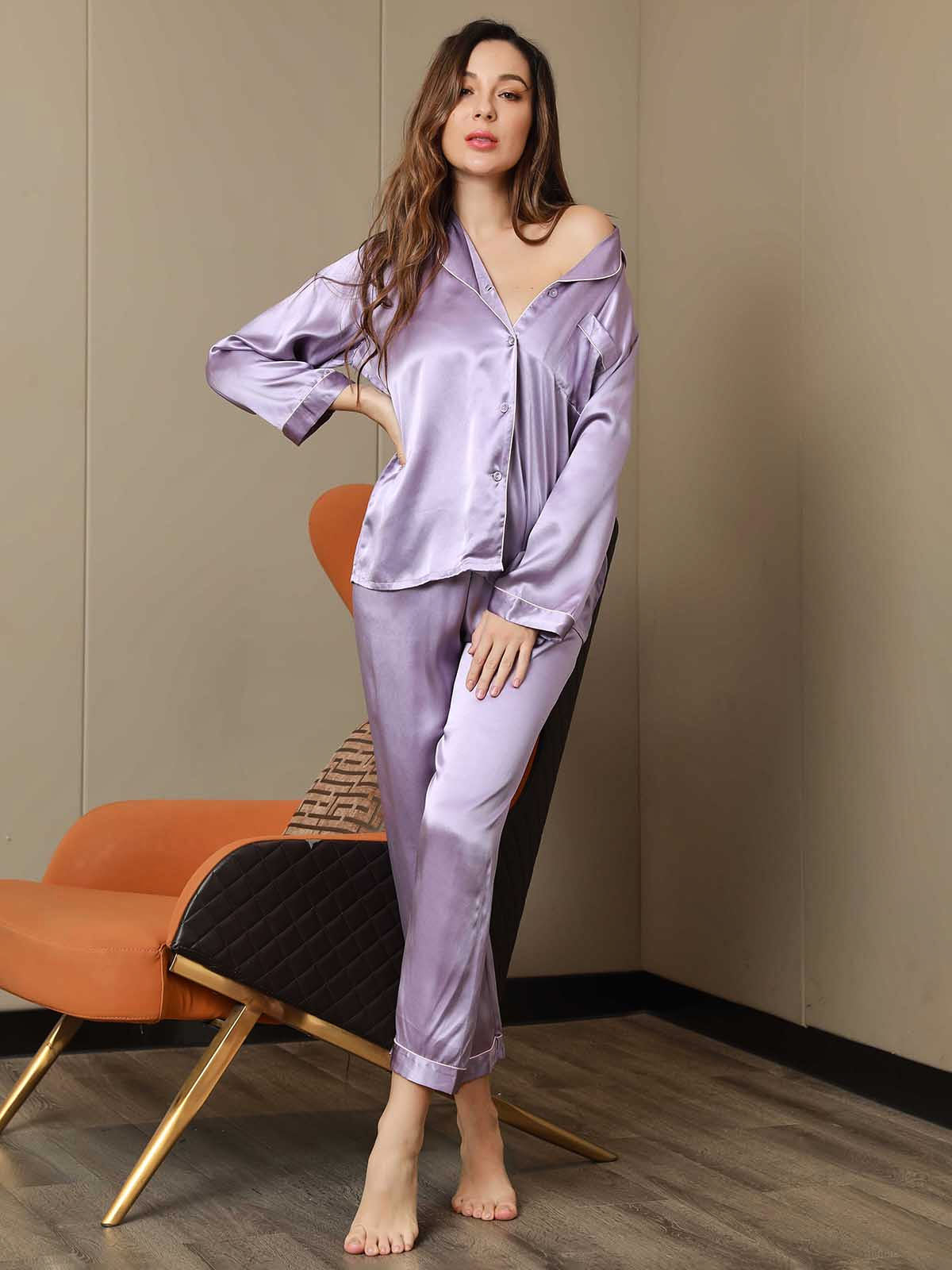 SilkSilky US Pure Silk Long Sleeve Lapel Women's Pajamas Lavender 004