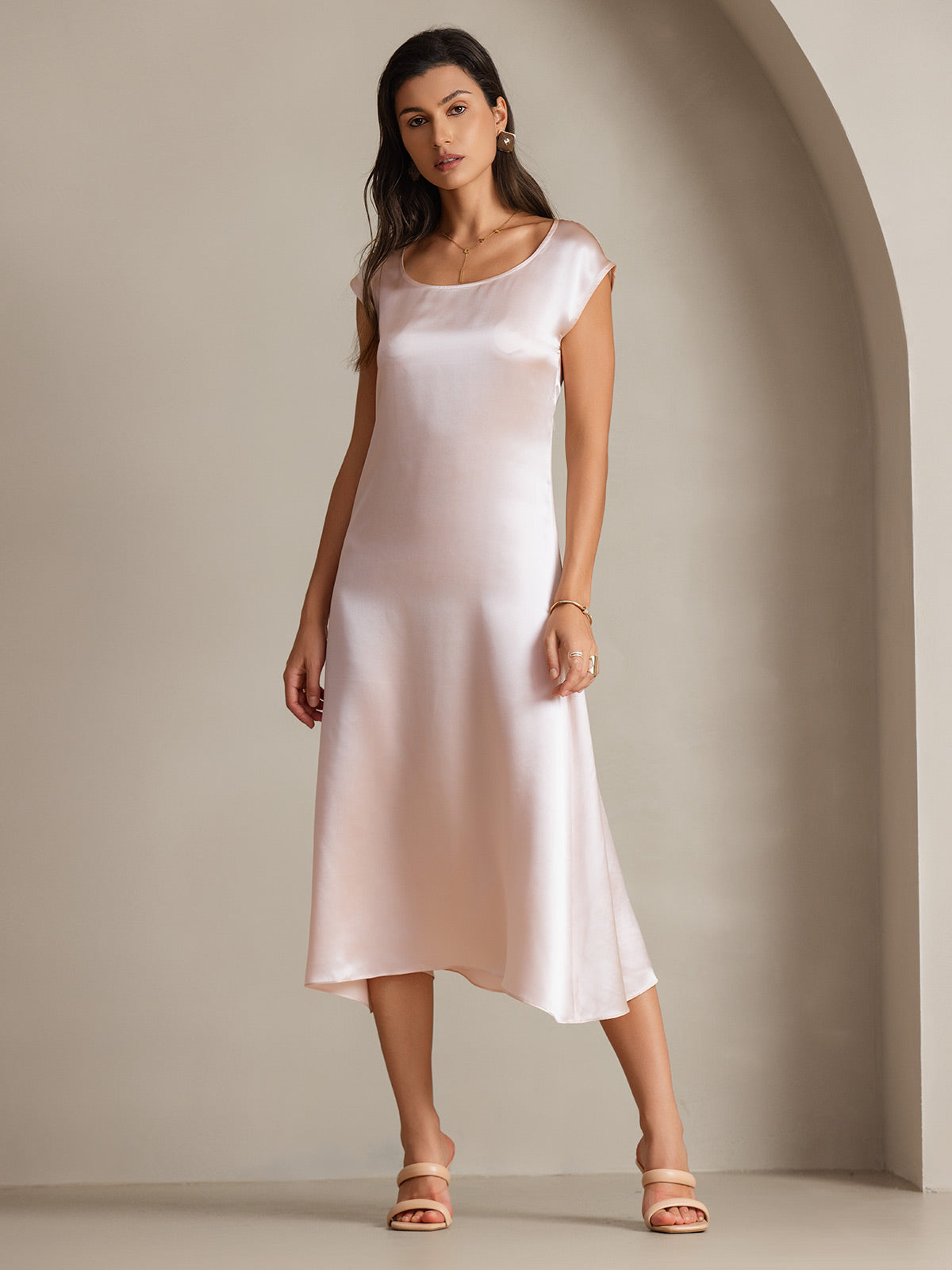 SilkSilky  19Momme Silk Sleeveless Round Neck Dress Pink 006