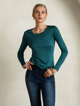 [Posy Green] SilkSilky  Silk Jersey Long Sleeve Round Neck Women's T-Shirt 003