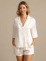 [White] SilkSilky  19Momme Machine-Washable Silk Half Sleeve Notch Collar Women's Pajamas 003