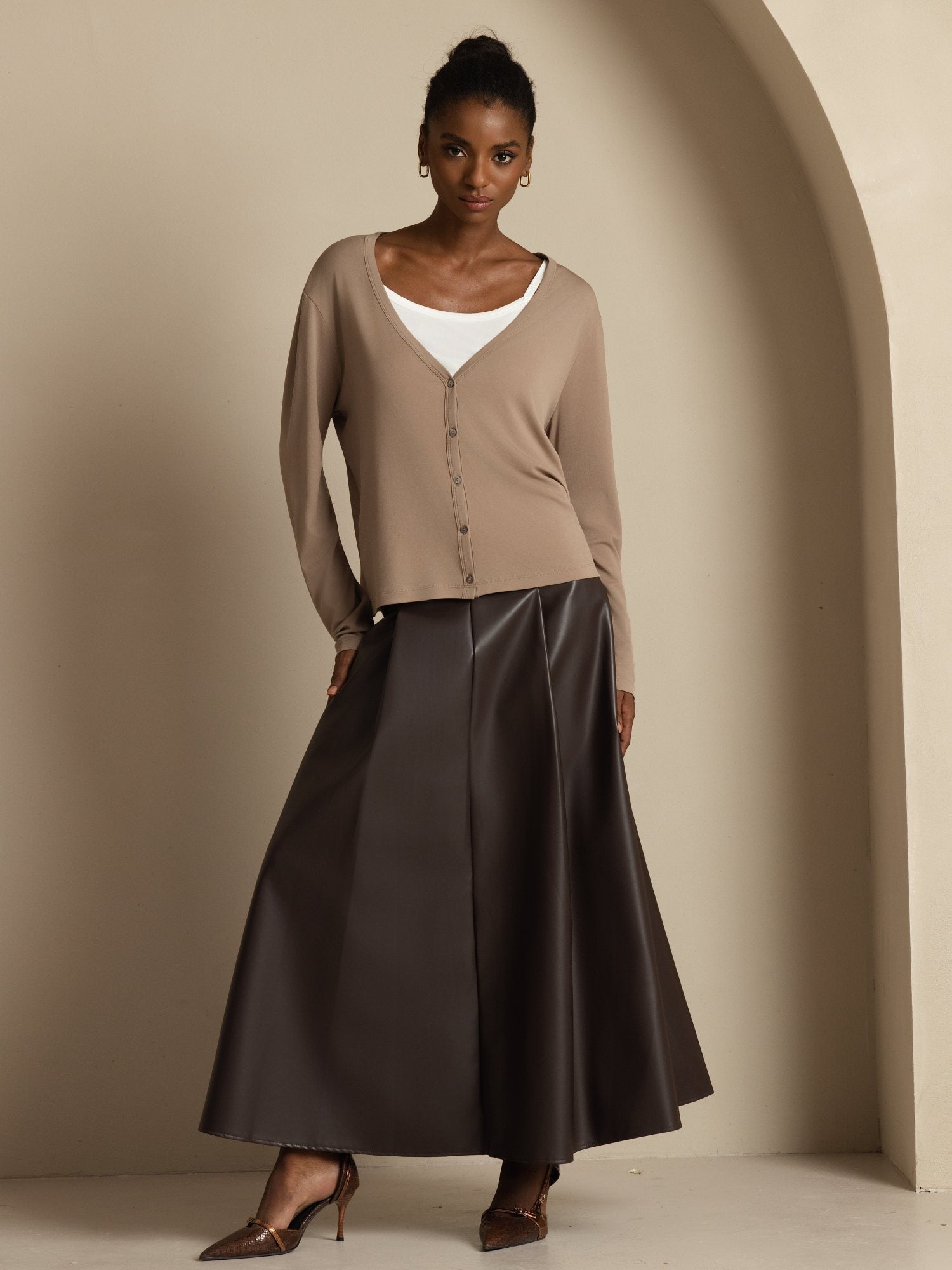 [Tan] SilkSilky Silk Long Sleeve V Neck Women's Cardigan 006